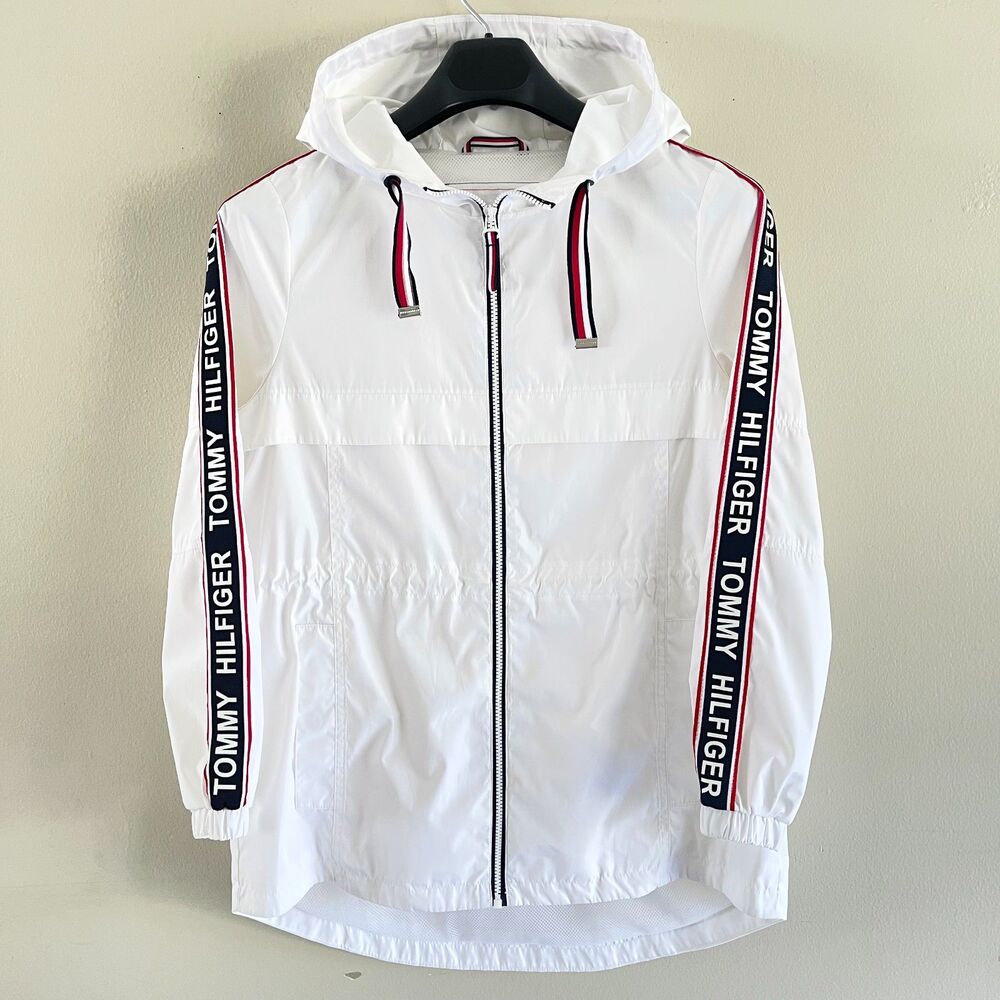 Tommy Hilfiger White Windbreaker Size S Hooded Zip Up Tricolor Logo Ribbon Band